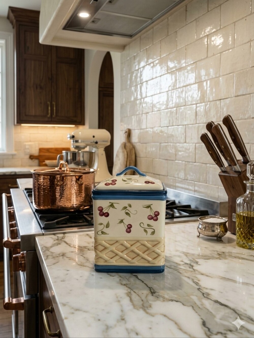 Ceramic Cherry Pattern Blue-Trim Kitchen Storage Canister